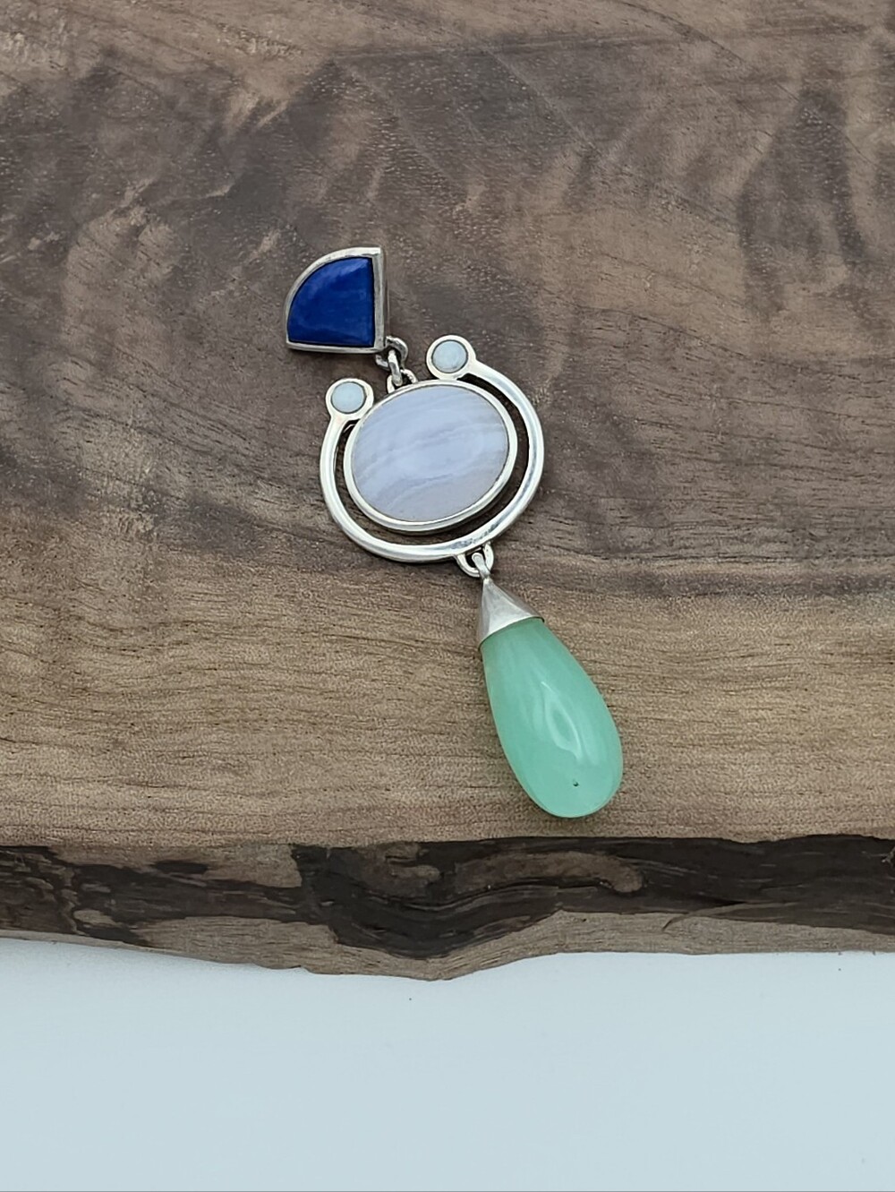Vintage Y2K Whitney Kelly 925 Sterling Silver Lapis Blue Lace Agate Opal Pendant